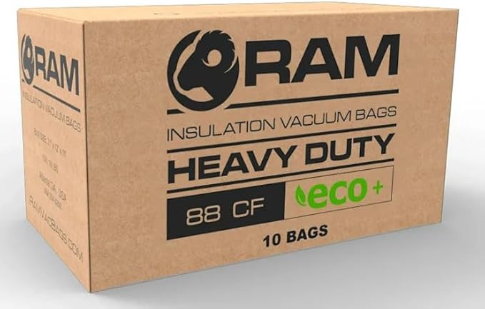 (10) Insulation Vacuum Bag RAM Heavy Duty ECO+ Bags 7 FT X 4 FT Holds 88 CF / 400 LBS Low DUST 2.4 Fabric Strength - 10 Pack. Largest and Toughest Green Bag on The Market.