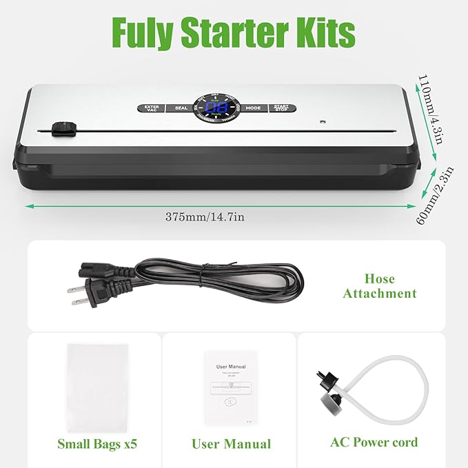 Vacuum Sealer Machine for Food- 10X Longer Food Saver with 7 Modes, Built-in Cutter & External Suction Nozzle - for Meat, Seafood, Fruits - Starter Kit with Bags & Hose