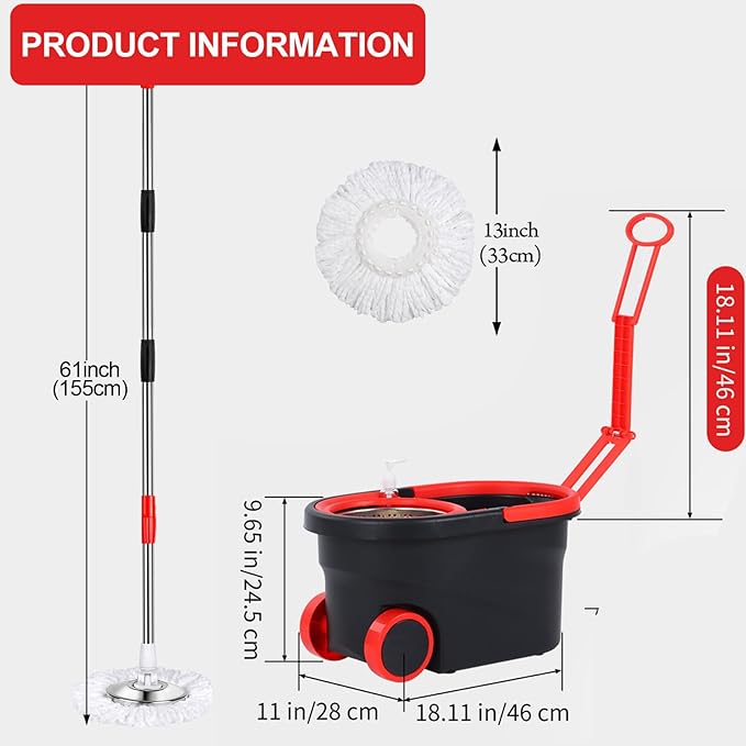Spin Mop and Bucket with Wringer Set, 360° Rotating Head Mop Bucket System with 3 Microfiber Mop Refills Wet and Dry Suitable for Office and Home Use, Green (Black-Plus)