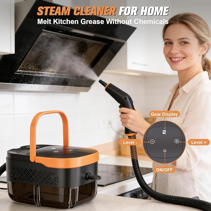 Steam Cleaner,2500W Handheld Portable Steamer for Car - 6-Level Adjustable Steamer with 15S Heat-Up, Large Water Tank & 17-Piece Accessory Kit - Deep Clean Grease, Grout, Tile, Floors