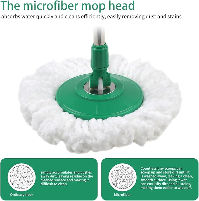 Spin Mop and Bucket with Wringer Set, 360° Rotating Head Mop Bucket System with 3 Microfiber Mop Refills Wet and Dry Suitable for Office and Home Use, Green (Green)