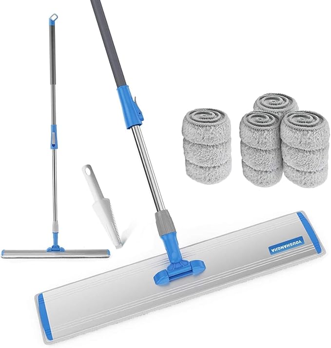 Microfiber Wet Mops 24 in Heavy Duty Flat Floor Mop Adjustable Handle with 4 Washable Mop Clothes