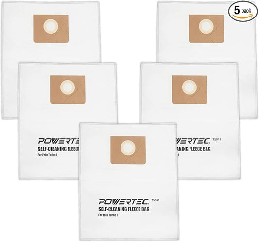 POWERTEC Turbo I, 9-20-27 Fleece Filter Bags 5PK, for Fein Dustex 25 L Wet/Dry Dust Extractor, for Fein 31345061010 Shop Vacuum Replacement Bags, Filter Bags, Dust Bags (75041)