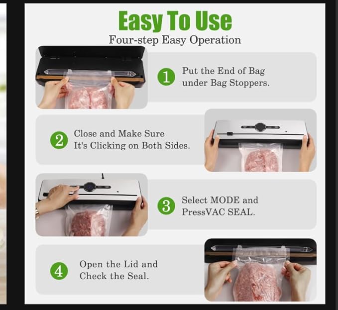 Vacuum Sealer Machine for Food- 10X Longer Food Saver with 7 Modes, Built-in Cutter & External Suction Nozzle - for Meat, Seafood, Fruits - Starter Kit with Bags & Hose