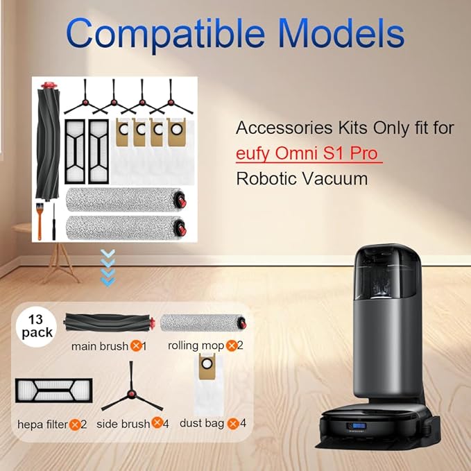 Omni S1 Pro Accessories, Replacement Parts Compatible with Eufy S1 Pro Omni Robot Vacuum Cleaner, 1 Main Brush, 2 Rolling Brush, 2 HEPA Filter, 4 Side Brushes, 4 Dust Bags