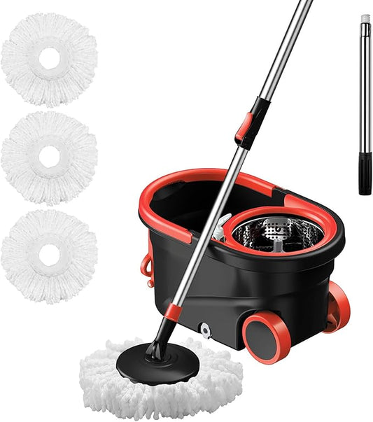 Spin Mop and Bucket with Wringer Set, 360° Rotating Head Mop Bucket System with 3 Microfiber Mop Refills Wet and Dry Suitable for Office and Home Use, Green (Black-Plus)