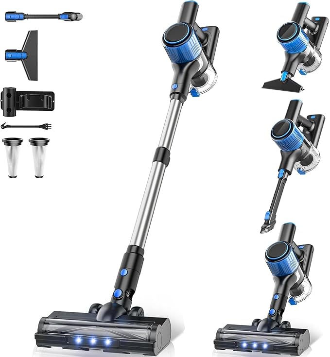 VOKENE Cordless Vacuum Cleaner, 8 in 1 Powerful Suction Lightweight Vacuum Cleaner for Home, LED Display, 3 Suction Modes, 45Mins Detachable Battery Vacuum for Hard Floor Carpet Pet Hair