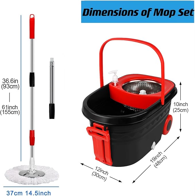 Spin Mop and Bucket with Wringer Set, 360° Rotating Head Mop Bucket System with 3 Microfiber Mop Refills Wet and Dry Suitable for Office and Home Use, Green (Black)