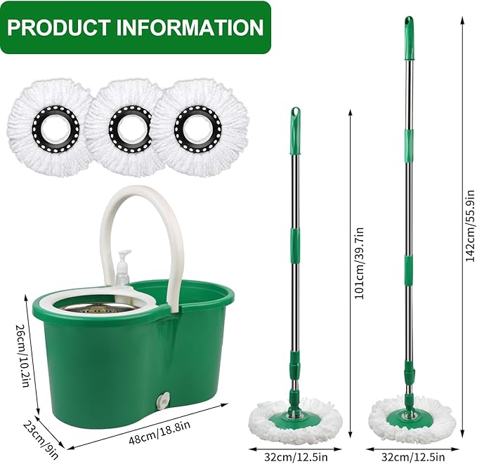 Spin Mop and Bucket with Wringer Set, 360° Rotating Head Mop Bucket System with 3 Microfiber Mop Refills Wet and Dry Suitable for Office and Home Use, Green (Green)