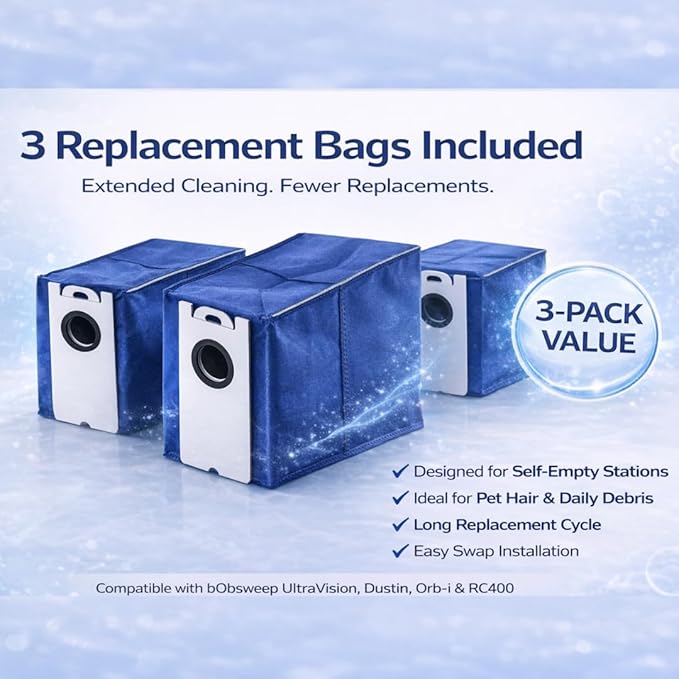 Replacement Dust Bags Compatible with bobsweep dustin vacuum bags - bobsweep ultravision vacuum bags, UltraVision Pet, Dustin, Orb-i Robot, RC400 Robot Vacuum, 4.6L Capacity, Disposable Bag. (3)