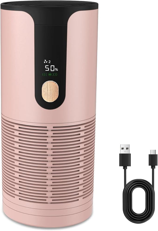 Portable Car Air Purifier-True HEPA Mini Air Purifier with LCD Display,15dB Quiet,USB-C Charging,Filters Smoke/Dust/Pet Dander in Car/Office/Desk/Travel（Pink）