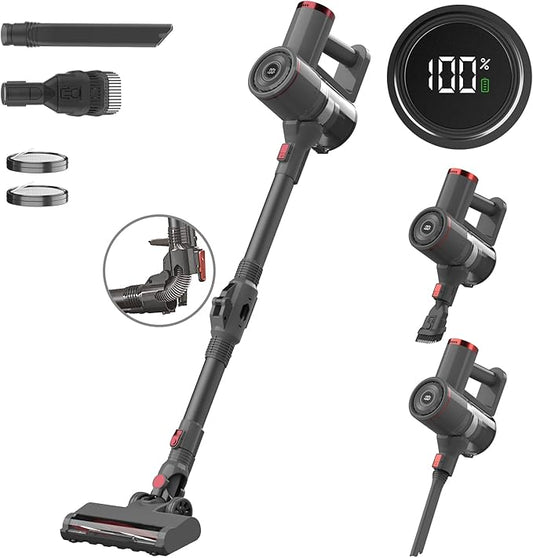 RONEAIR Cordless Vacuum Cleaner with Bendable Wand, Lightweight Stick Vacuum for Home Hardwood Floor Carpet Pet Hair, 6 in 1 Handheld Vacuum, LED Display, LED Headlight, Self-Standing, Rechargeable