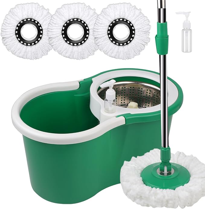 Spin Mop and Bucket with Wringer Set, 360° Rotating Head Mop Bucket System with 3 Microfiber Mop Refills Wet and Dry Suitable for Office and Home Use, Green (Green)