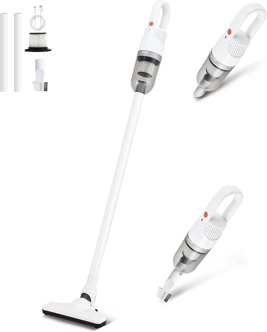 6-in-1 Lightweight Stick Vacuum Cleaner with 100W Powerful Motor, Mini Portable Household Handheld Vacuum Cleaner for Domestic Hard Floors, Carpets and Pet Hair (White Cordless Without Plug)