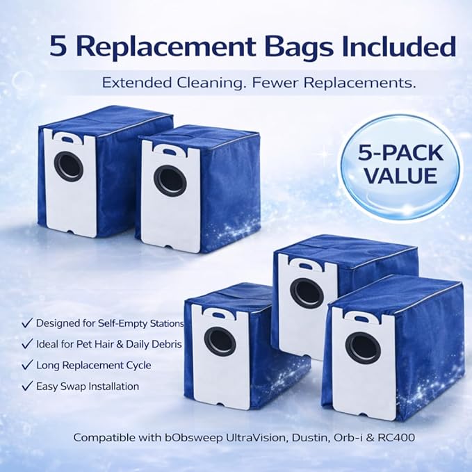 Replacement Dust Bags Compatible with bobsweep dustin vacuum bags - bobsweep ultravision vacuum bags, UltraVision Pet, Dustin, Orb-i Robot, RC400 Robot Vacuum, 4.6L Capacity, Disposable Bag. (5)