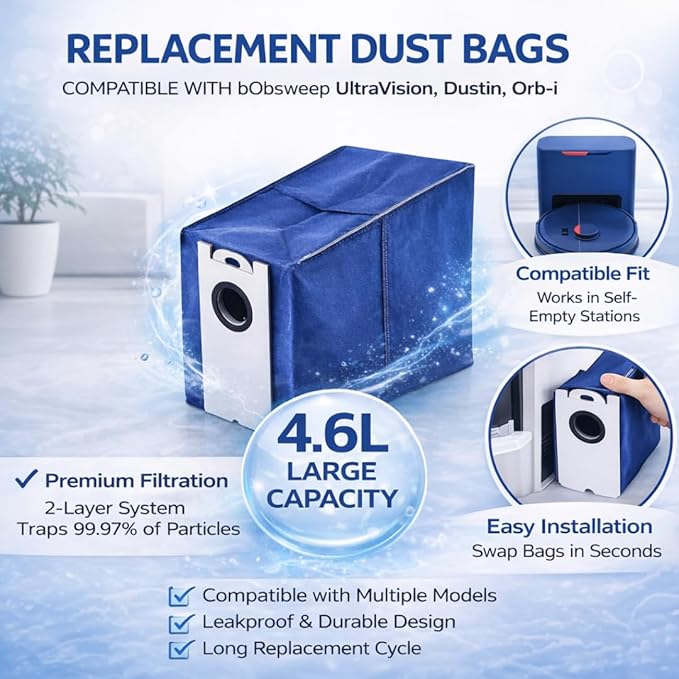 Replacement Dust Bags Compatible with bobsweep dustin vacuum bags - bobsweep ultravision vacuum bags, UltraVision Pet, Dustin, Orb-i Robot, RC400 Robot Vacuum, 4.6L Capacity, Disposable Bag. (3)
