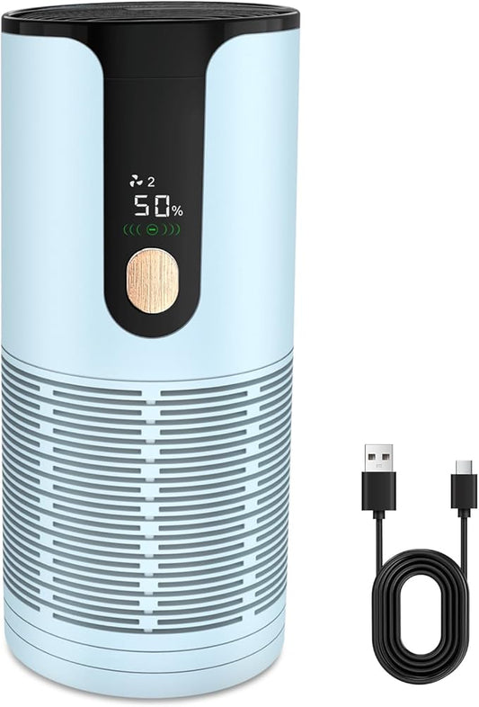 Mini Car Air Purifier-Cordless True HEPA Portable Small Air Purifier, LCD Display&15dB Quiet,Filters 99.97% of Smoke/Dust/Pet Odors,for Cars/Office/Travel (Light Green）