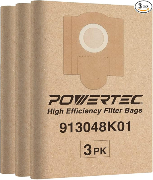 POWERTEC Shop Vacuum Bags 3PK for Fein 913048K01, 69908195016 Vacuum Bag, Replacement Filter Bags for Fein Turbo III 9-77-25, 9-88-35 Wet/Dry Vac Dust Collection Bags, Shop Vacuum Accessories for Fein