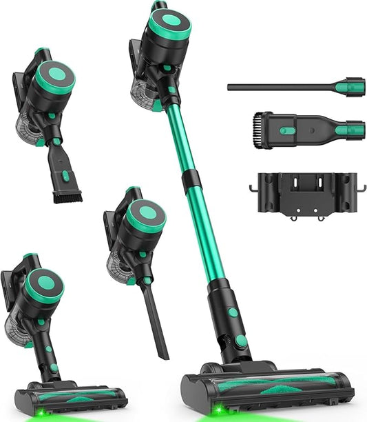 Zefiro 350W Cordless Vacuum Cleaner,45Mins Runtime Vacuum Cleaners for Home, Anti-Tangle and 1.5L Dust Cup, Lightweight Vacuum for Hardwood Floor Carpet Pet Hair (Mint Green)