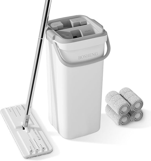 BOSHENG Mop and Bucket Set, Flat Mops for Floor Cleaning, Wall Mop with 60" Extensible Handle, Hardwood Floor Mop with 4 Microfiber Pads