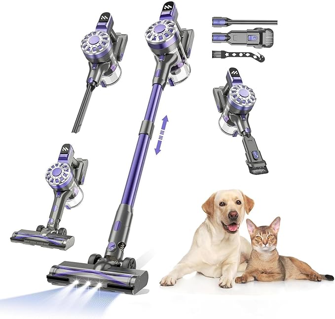 WLOTPO Cordless Vacuum Cleaner for Home,Lightweight Stick Vacuum Cordless Rechargeable with Power Suction, Up to 35 Mins Runtime, Hardwood Floor Vacuum for Pet Hair,Carpets,Tile(Purple Blue)
