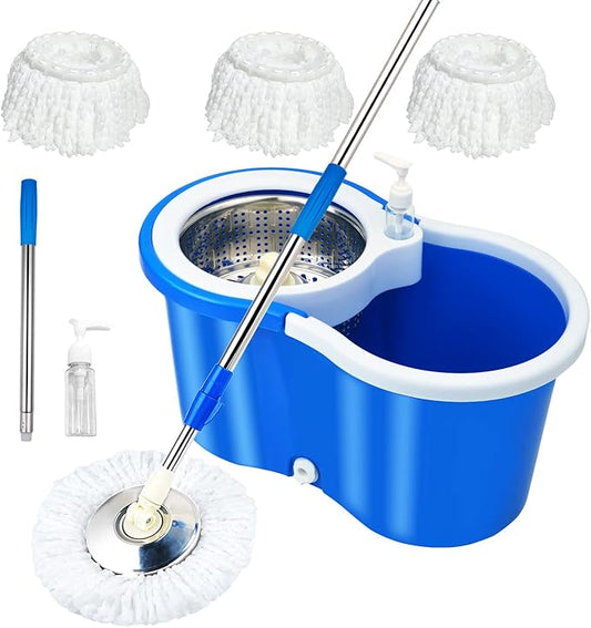 Spin Mop and Bucket with Wringer Set, 360° Mop and Bucket System with 3 Microfiber Mop Refills and 61" Extended Handle, Spinning Mop Bucket for Floor Cleaning, Blue