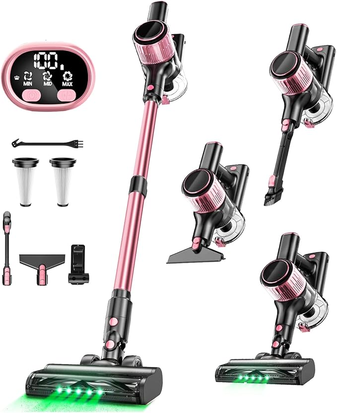 VICEASE Cordless Vacuum Cleaner, 8 in 1 Powerful Suction Lightweight Vacuum Cleaner for Home, LED Display, 3 Suction Modes, 45Mins Detachable Battery Vacuum for Hard Floor Carpet Pet Hair, Pink