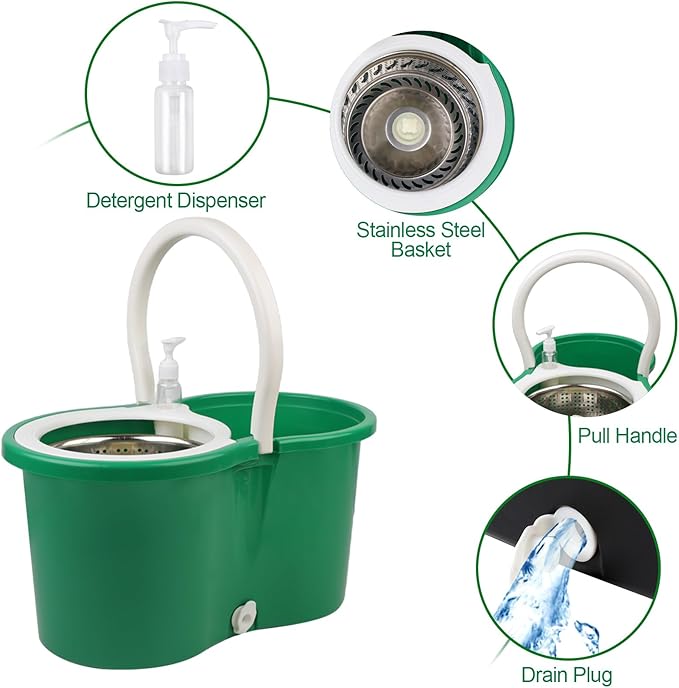Spin Mop and Bucket with Wringer Set, 360° Rotating Head Mop Bucket System with 3 Microfiber Mop Refills Wet and Dry Suitable for Office and Home Use, Green (Green)
