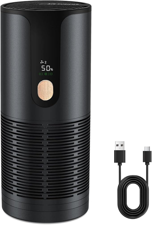 Mini Car Air Purifier-True HEPA Portable Small Air Purifier 15dB Quiet Cordless for Smoke/Dust/Pet Hair with 3-Layer Filtration for Cars/Small Bedroom/Office/Desk/Travel (Black）
