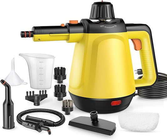 1200W Handheld Steam Cleaner for Home, Powerful Natural Multi‑Surface Steam Cleaner with 10 Accessories, 13.5oz Pressurized Steamer for Deep Cleaning Tile, Grout, Shower, Bathroom,Kitchen,Car (Yellow)