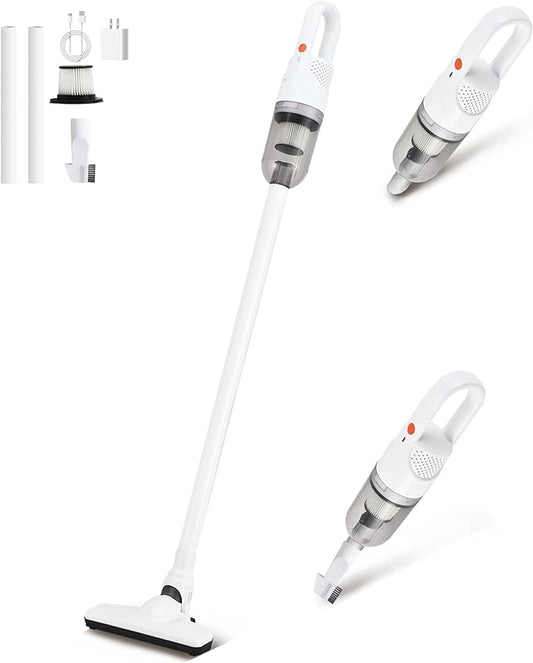 6-in-1 Lightweight Stick Vacuum Cleaner with 100W Powerful Motor, Mini Portable Household Handheld Vacuum Cleaner for Domestic Hard Floors, Carpets and Pet Hair (White Cordless with Plug)