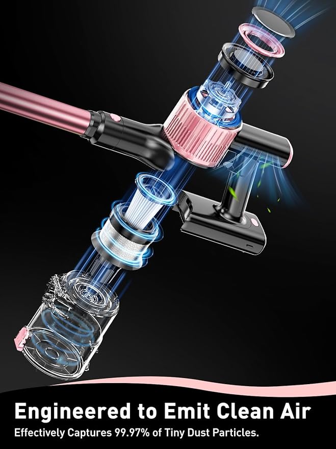 VICEASE Cordless Vacuum Cleaner, 8 in 1 Powerful Suction Lightweight Vacuum Cleaner for Home, LED Display, 3 Suction Modes, 45Mins Detachable Battery Vacuum for Hard Floor Carpet Pet Hair, Pink