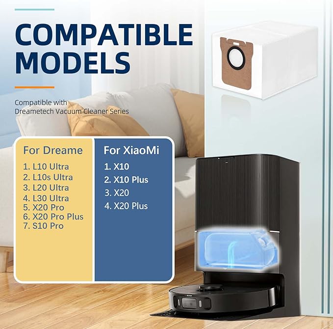12 pcs Disposable Vacuum Dust Bag: for Dreame L10 Ultra/L10s Ultra/L20 Ultra/L30 Ultra/X20 Pro/X20 Pro Plus/S10 Pro/Xiaomi Robot Vacuum X10/X10 Plus/X20/X20 Plus, 3L Large Capacity