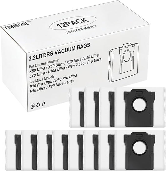 Premium Replacement Dust Bags for DREAME: Robot Vacuum - (12 Pack) Precise Fit L40 / L50 / L10s Gen 2 / X30 / X40 / X50 Ultra Series, Long-Lasting & Durable, Large Capacity, Keeps Dust Contained