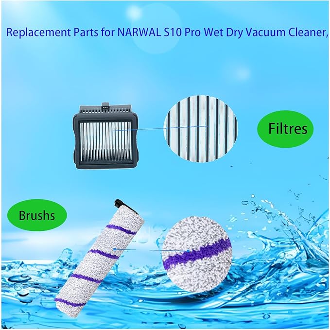 Replacement Accessories Kit for Narwal S10 Pro Wet Dry Robot Vacuum Cleaner, Parts 2 Main Brush 2 HEPA Filters Spare