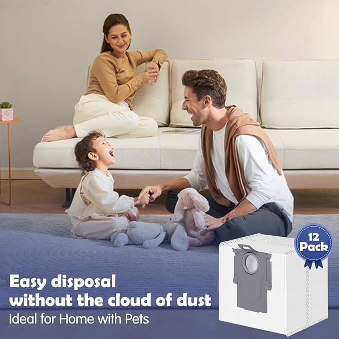 12 Pack Dust Bags for Roborock Q7 M5+/L5+, Q10 S5+/X5+, Q5+, Q5 Max+/Pro+/DuoRoller+, Q8 Max+, S8 Pro Ultra/S8+, S7 Max/MaxV Ultra Robot Vacuum, 3.6 L Large Capacity Disposable Replacement Bag