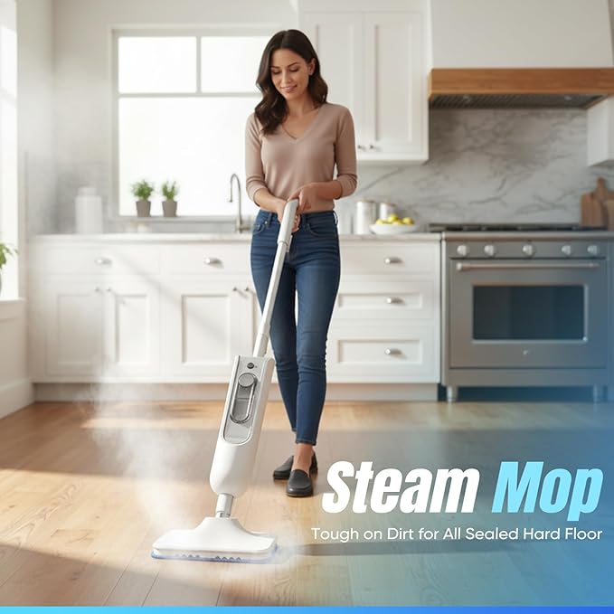 Steam Mop, Multi-Surface Steam Cleaner with Handheld Steamer for Floor Cleaning, Tile & Grout, Hardwood, Carpet, Windows, Washable Pads, Lightweight Swivel Head