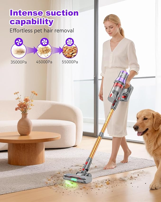 YU7 Max Cordless Vacuum Cleaner 600W 75Min 55kPa Powerful Suction Stick Vacuum, Anti-Tangle, Touch Screen, Self-Standing Lightweight Wireless Vac for Home Pet Hair Carpet Hard Floors