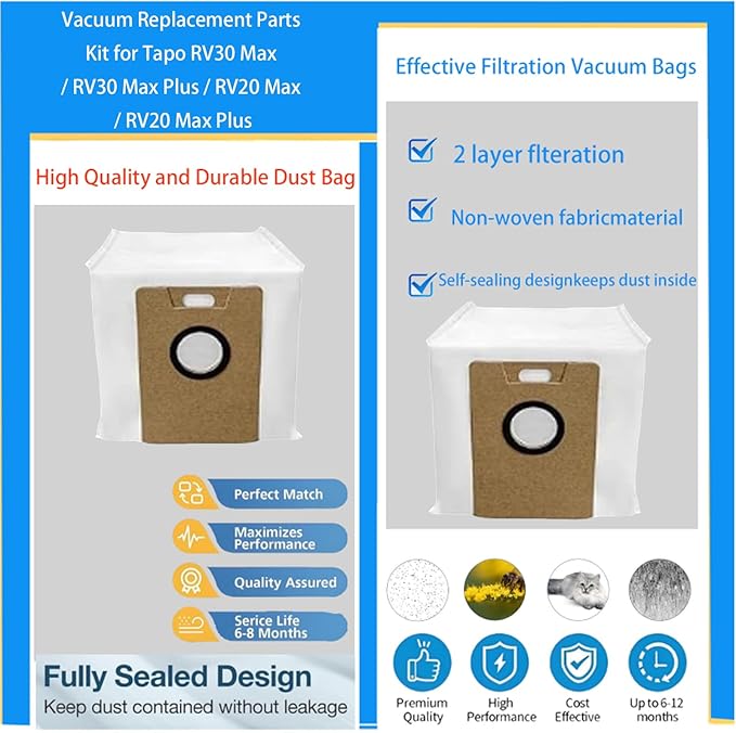 Replacement Parts Accessories for Tapo RV30 Max Plus / RV30 Max / RV20 Max Plus/RV20 Max Robot Vacuum,parts Include 1 Main Brushes 4 Side Brushes 3 Mop Pads 3 Filters 3 Dust Bags Attachments
