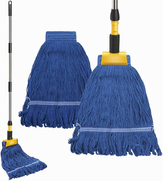 ZAVOOS Commercial Mop, Heavy Duty Looped End String Wet Mop with 64'' Long Handle, Industrial Cotton Dust Mop with Extra Replacement Heads for Home, Office, Garage, Warehouse Floor Cleaning