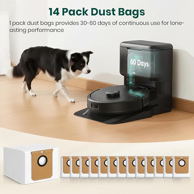 14 Pack Vacuum Bags for Eufy L60, L60 Hybrid, L50 Series Robot Vacuum, Large Capacity Disposable Replacement Dust Bags, Up to 60 Days Hands Free Cleaning