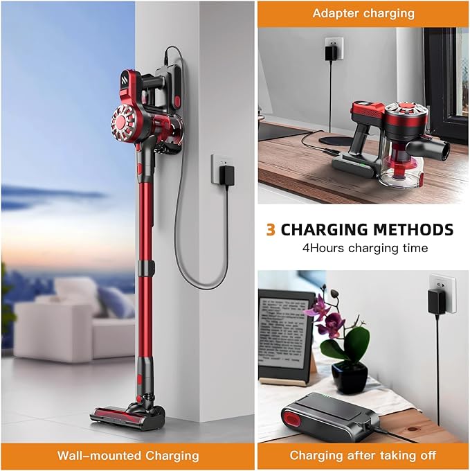 WLOTPO Cordless Vacuum Cleaner for Home,Lightweight Stick Vacuum Cordless Rechargeable with Power Suction, Up to 35 Mins Runtime, Hardwood Floor Vacuum for Pet Hair,Carpets,Tile(Rose Red)