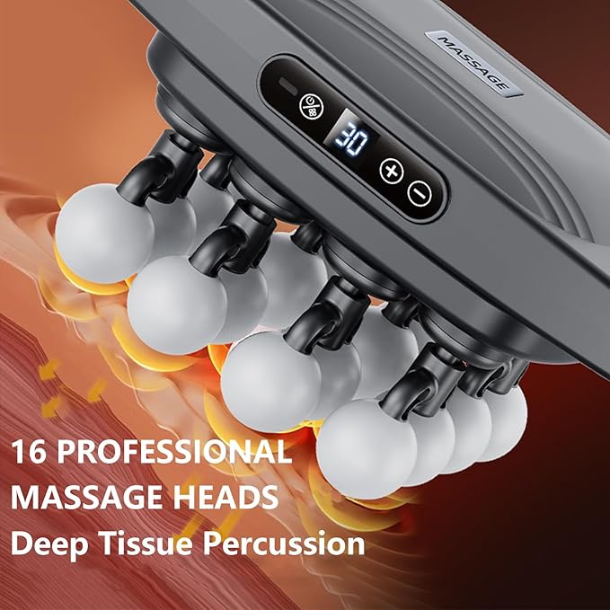 16 Head Massage Gun, Deep Tissue Percussion Massager with 30 Intensity Levels & 3 Smart Modes, Quiet Electric Muscle Massage for Back Neck Shoulder Leg, Handheld Percussion Therapy for Pain Relief