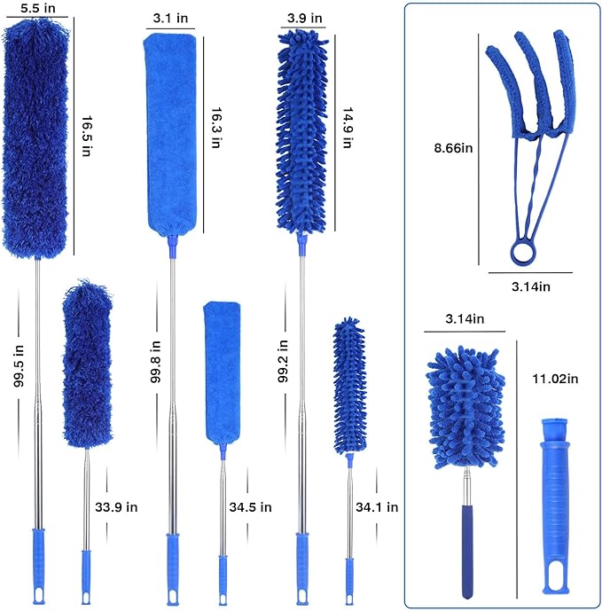 ZZ LAZYCOTTAGE 10 PCS Microfiber Cobweb Duster with Extension Pole (100 Inch Telescoping), Washable Dusters for Cleaning, Multifunctional Bendable Feather Duster for Ceiling Fan, Blind, High Ceiling