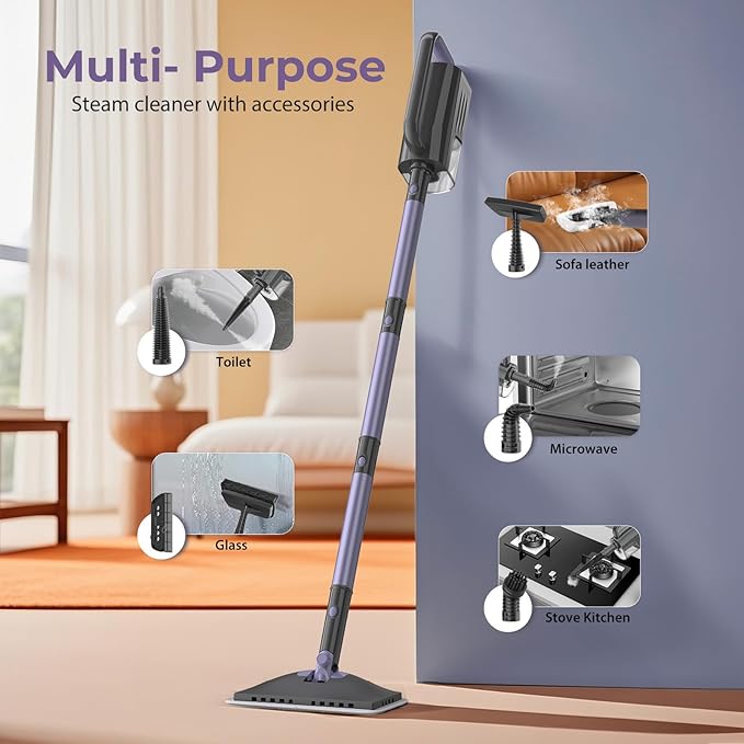 Steam Mop Cleaner with Detachable Handheld Steamer, 6-in-1 Multi Accessories, Removable Water Tank, 23FT Power Cable, Lightweight, Steam Cleaner for sealed Hard Floors (Dark purple)