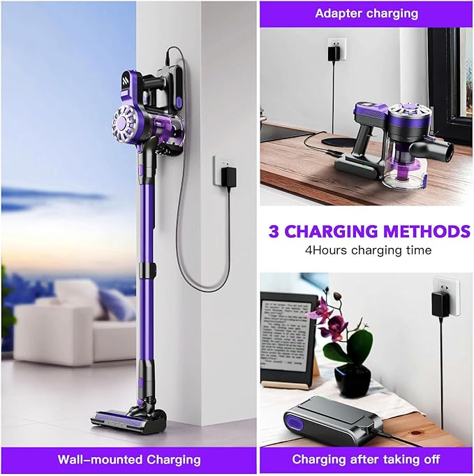 WLOTPO Cordless Vacuum Cleaner for Home,Lightweight Stick Vacuum Cordless Rechargeable with Power Suction, Up to 35 Mins Runtime, Hardwood Floor Vacuum for Pet Hair,Carpets,Tile(Purple Blue)