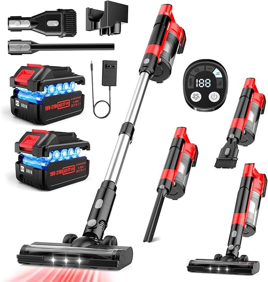 700W Cordless Vacuum Cleaner, 2×4000mAh Brushless Vacuum Cleaners for Home, 6 in 1 Lightweight Stick Vacuum 60kPa, 3 Suction Modes, Portable Handheld Cordless Vacuum for Pet Hair/Hardwood Floor/Dorm