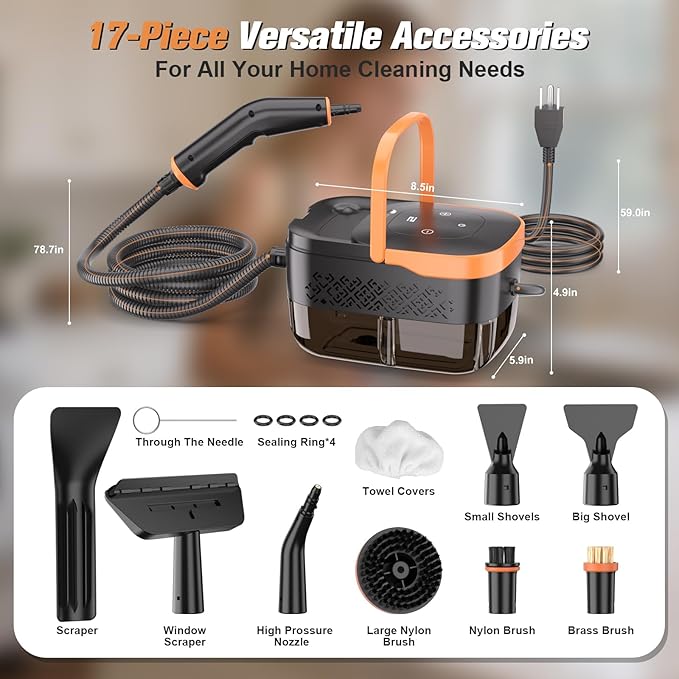 Steam Cleaner，2500W Handheld Portable Steamer for Car - 6-Level Adjustable Steamer with 15S Heat-Up, Large Water Tank & 17-Piece Accessory Kit - Deep Clean Grease, Grout, Tile, Floors