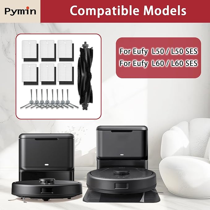 Pymin 16 Pack Replacement Accessories kit Compatible with eufy L60/ L60 SES/ L50/ L50 SES Robot Vacuum Replacement Parts (1 Pack Roller Brush+6 Pack Filter & Sponge+8 Pack Side Brush+1 Cleaning Brush)