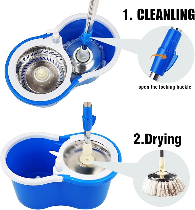 Spin Mop and Bucket with Wringer Set, 360° Mop and Bucket System with 3 Microfiber Mop Refills and 61" Extended Handle, Spinning Mop Bucket for Floor Cleaning, Blue